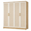 Armoire 4 Portes en Bois et Rotin 180x200x60 cm Beige