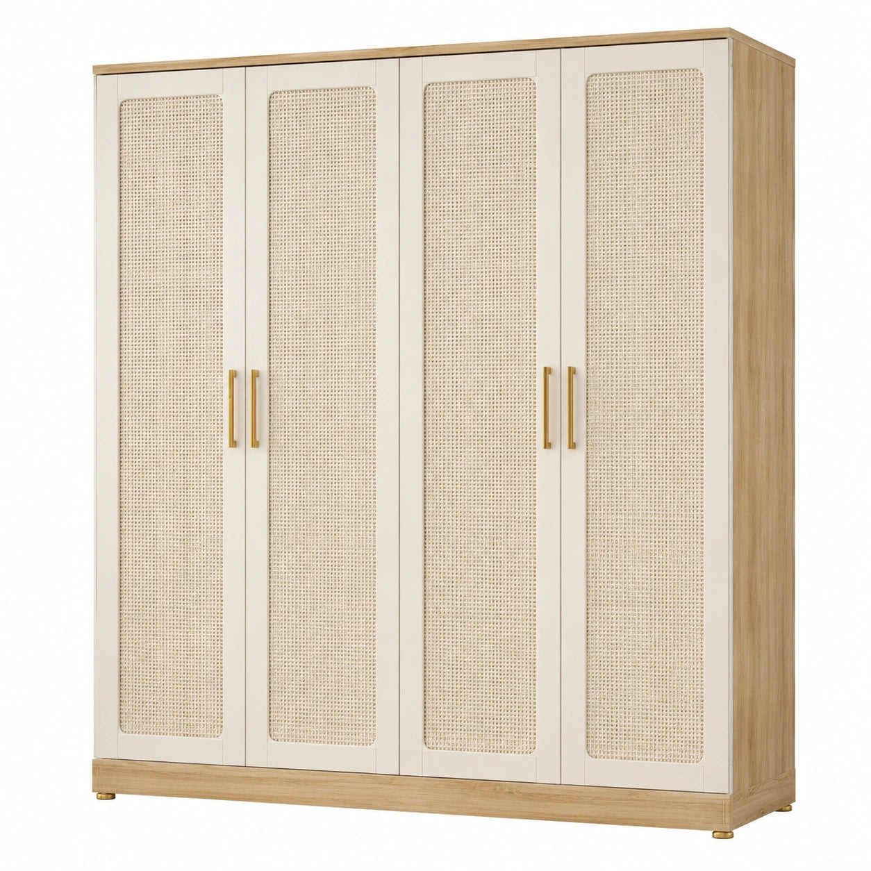 Armoire 4 Portes en Bois et Rotin 180x200x60 cm Beige