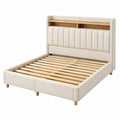 Lit double en bois et tissu beige avec rangement intégré
