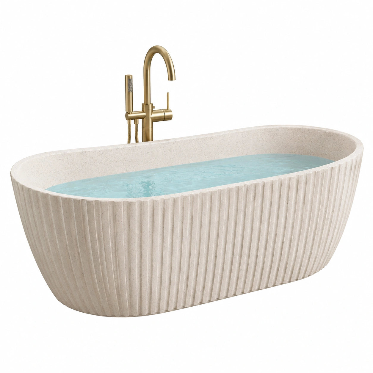 Baignoire îlot ovale en résine composite beige avec robinetterie 170 cm