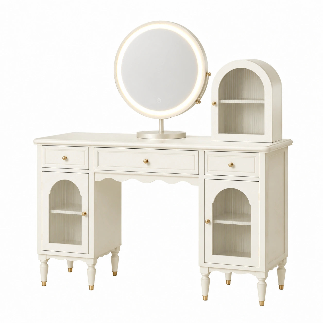 Coiffeuse en bois avec miroir LED intégré, couleur ivoire