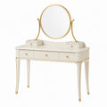 Coiffeuse en Bois MDF Blanc avec Miroir Rond en Verre Trempé et Accents Or