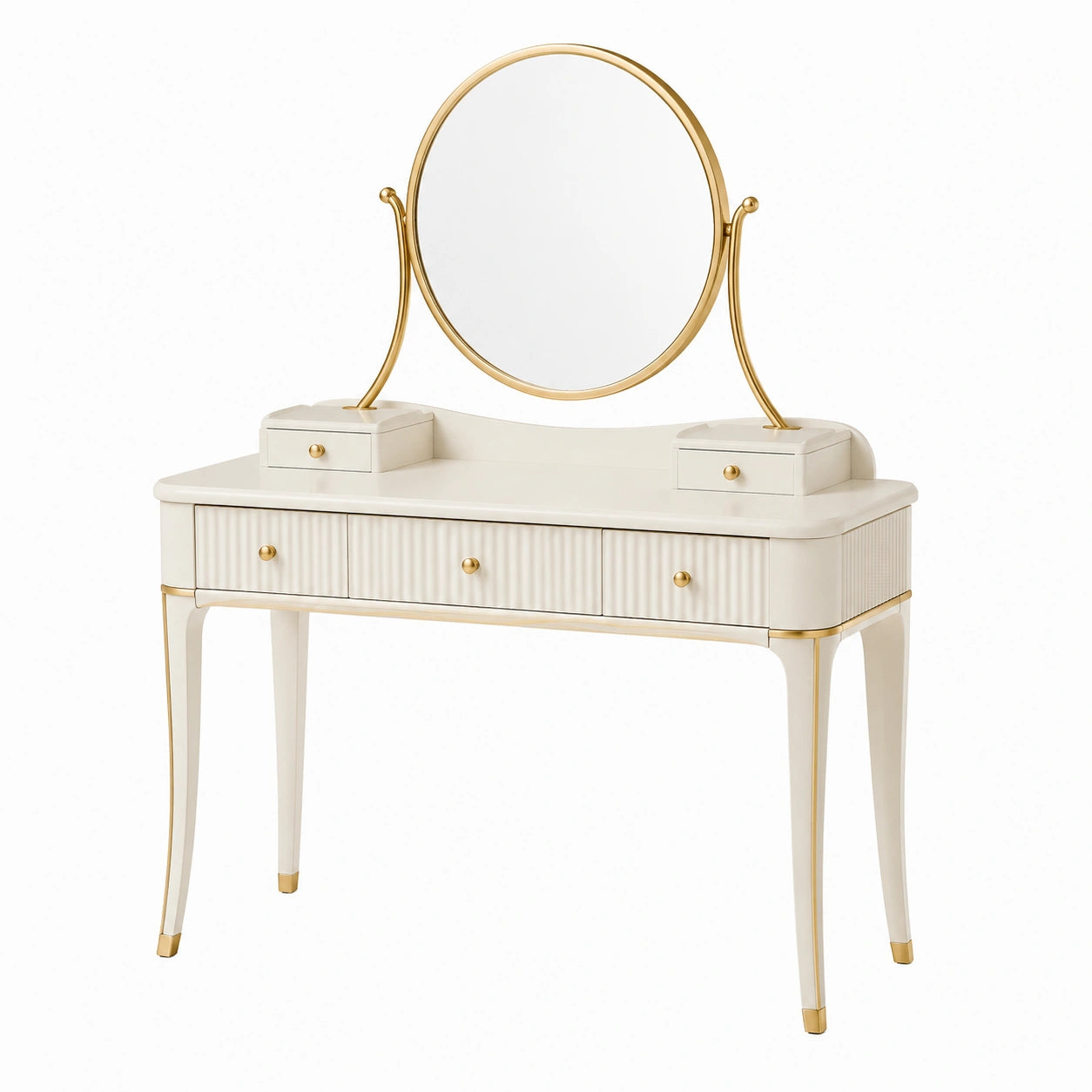 Coiffeuse en Bois MDF Blanc avec Miroir Rond en Verre Trempé et Accents Or