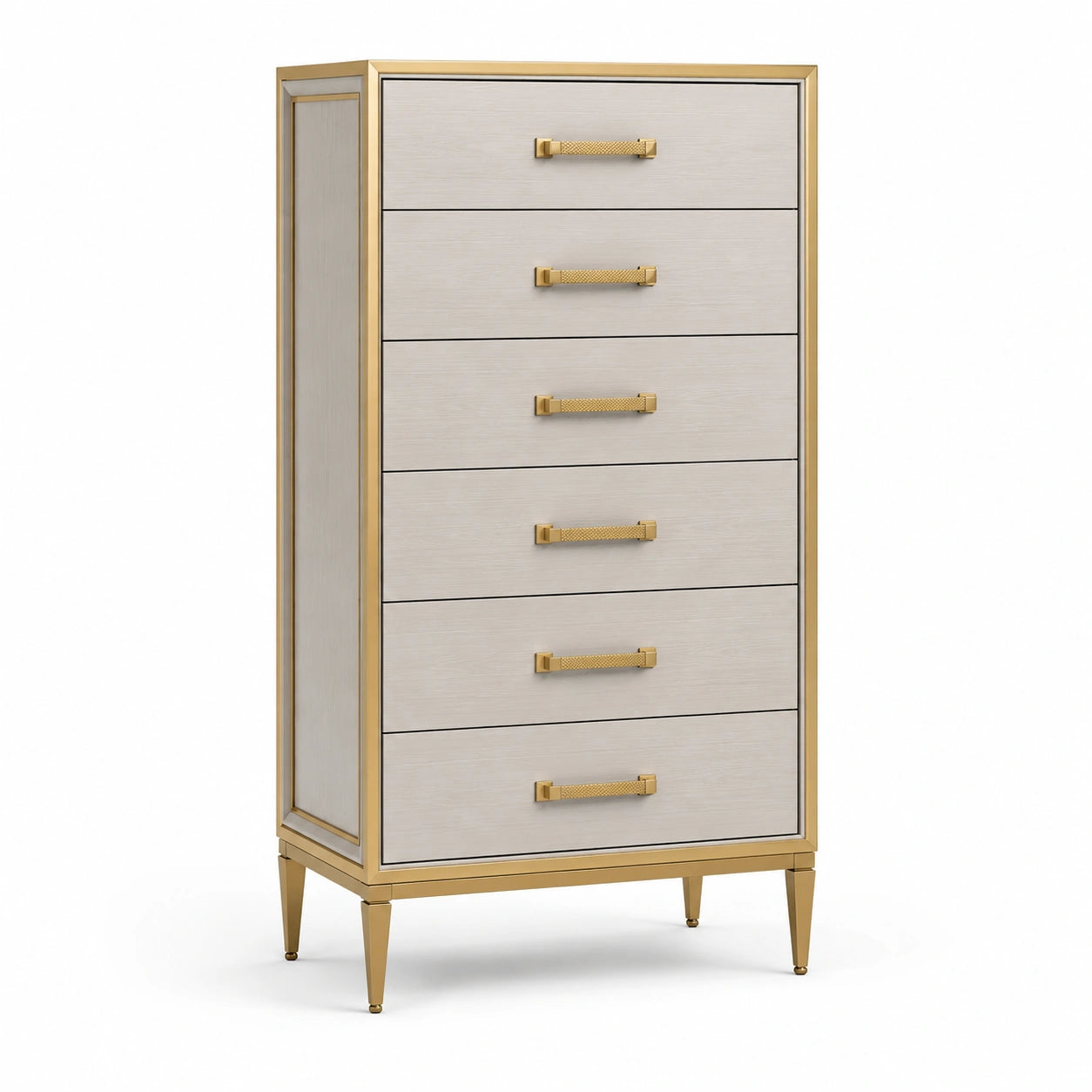 Commode haute 5 tiroirs en bois et métal doré