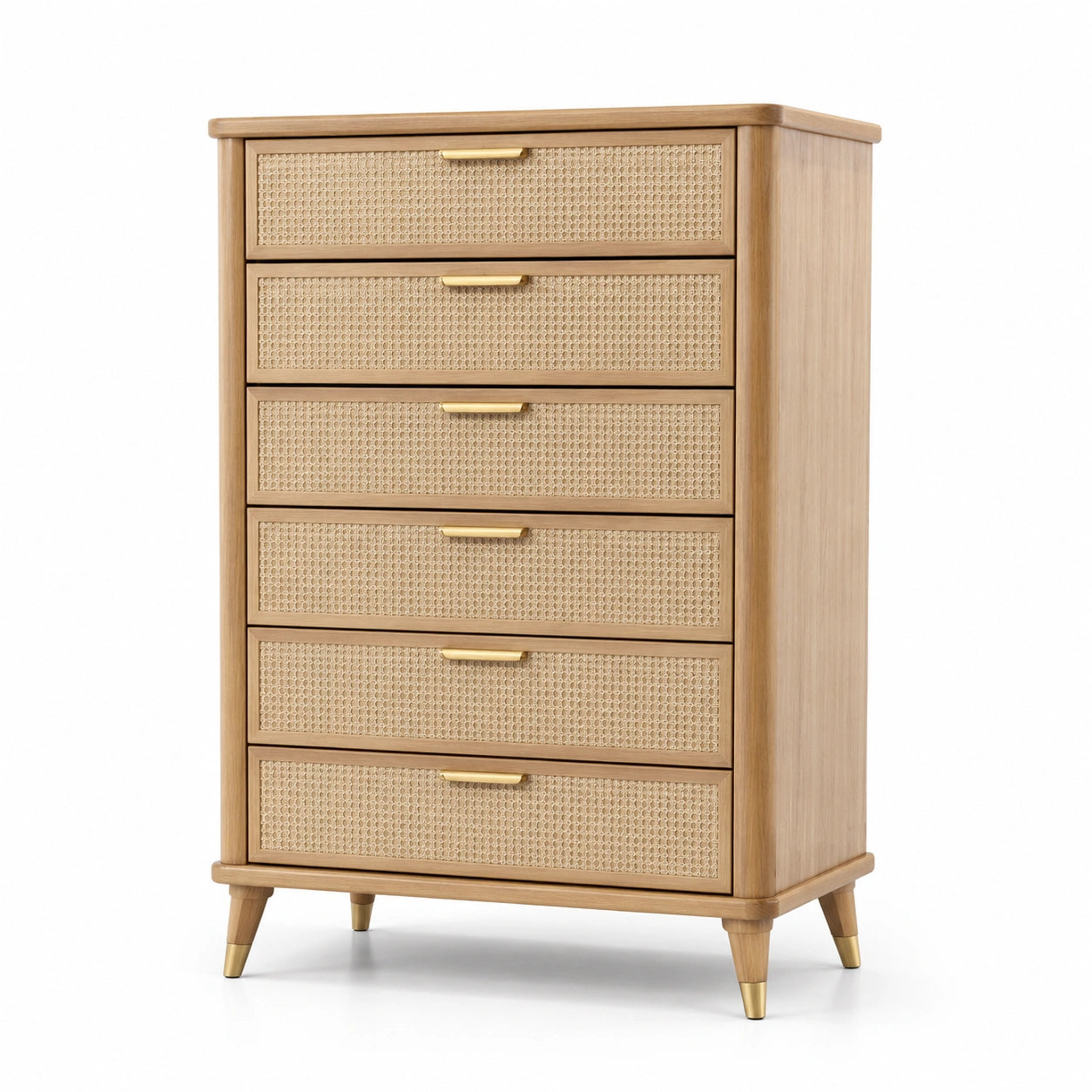 Commode en bois et rotin tressé 6 tiroirs naturel/doré