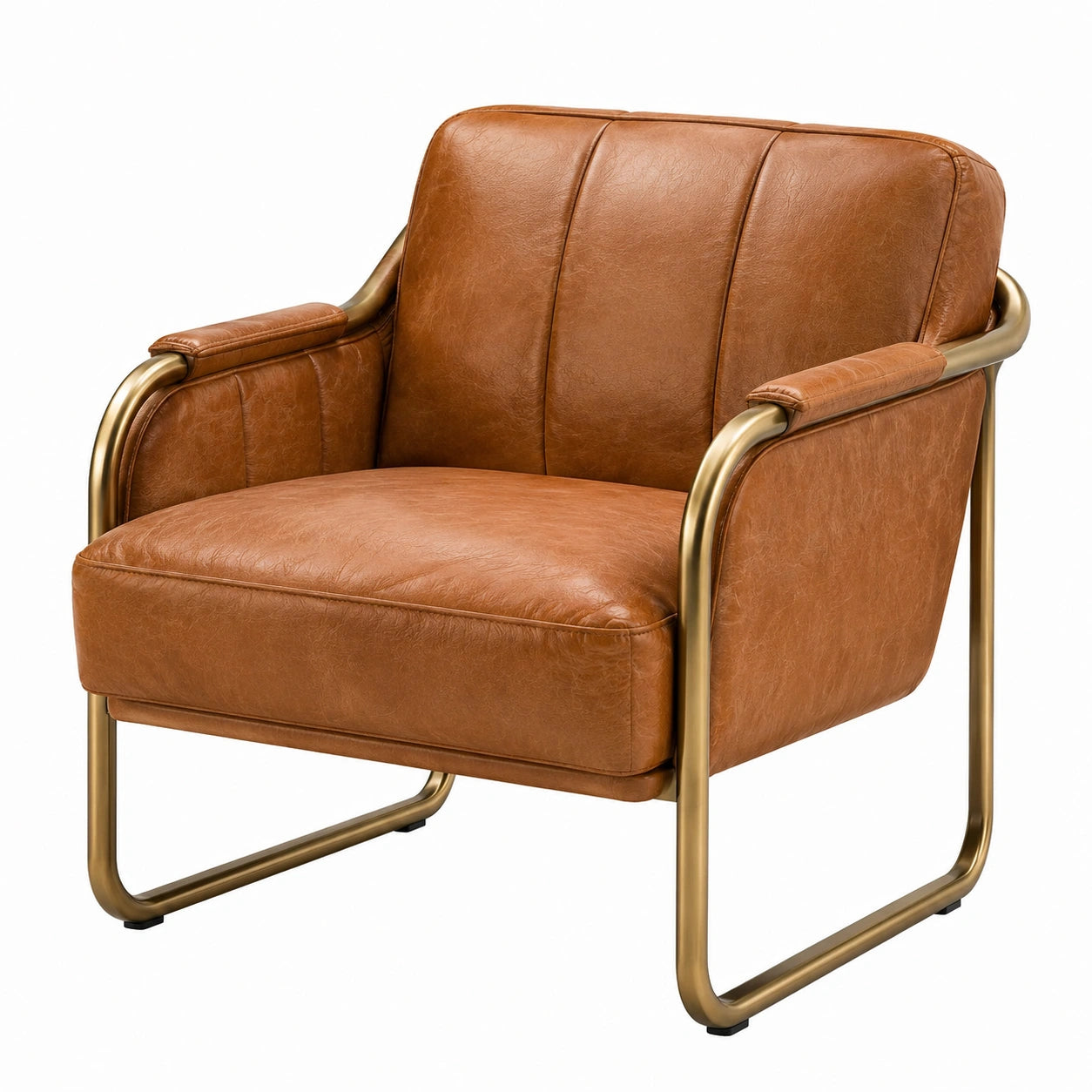 Fauteuil en cuir synthétique brun avec structure en acier doré