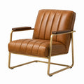 Fauteuil en cuir synthétique marron avec accoudoirs en bois et structure en métal doré