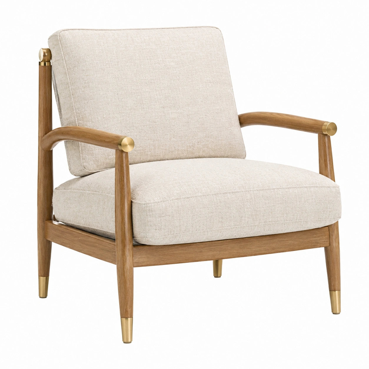 Fauteuil en chêne avec coussins en lin beige