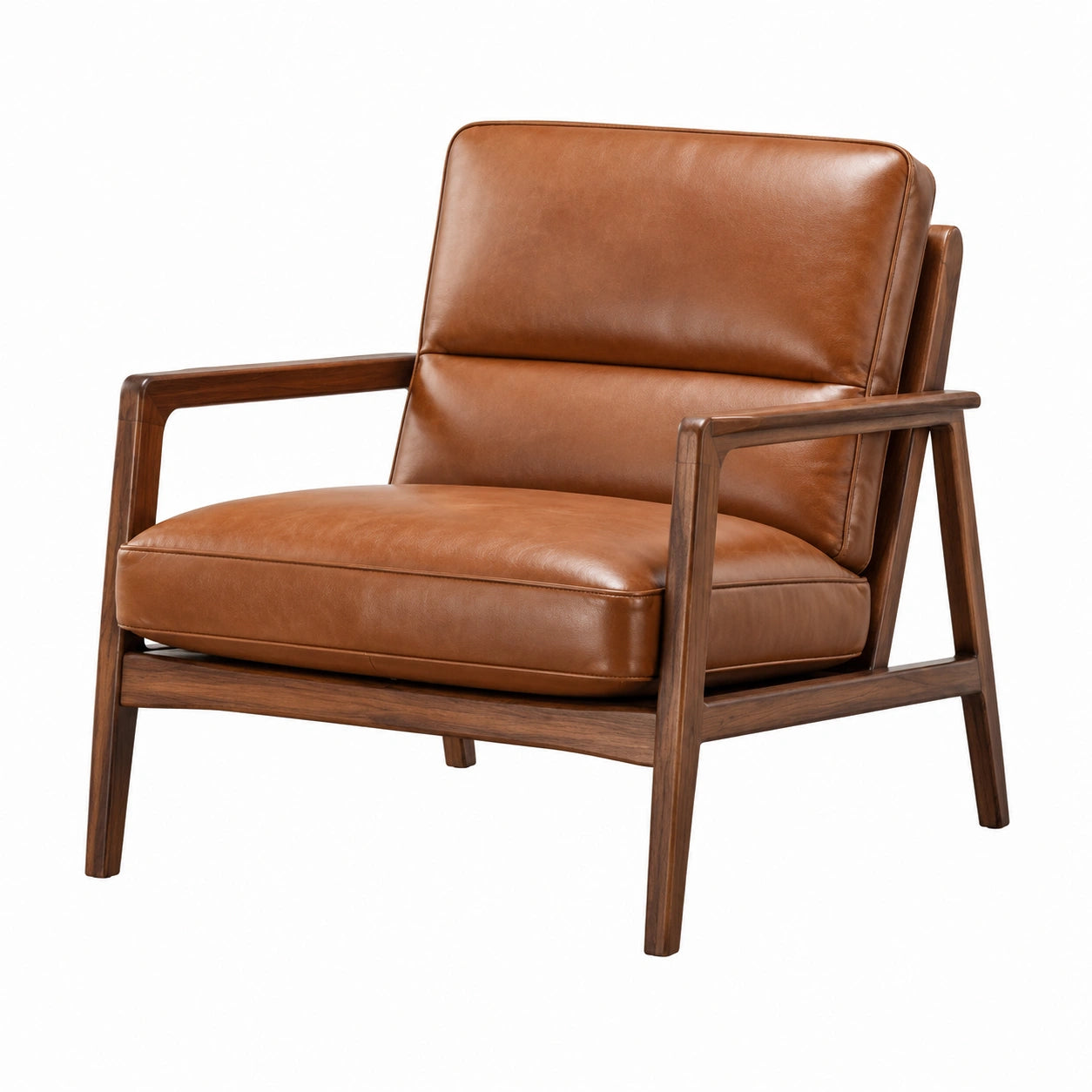 Fauteuil en cuir brun avec cadre en noyer