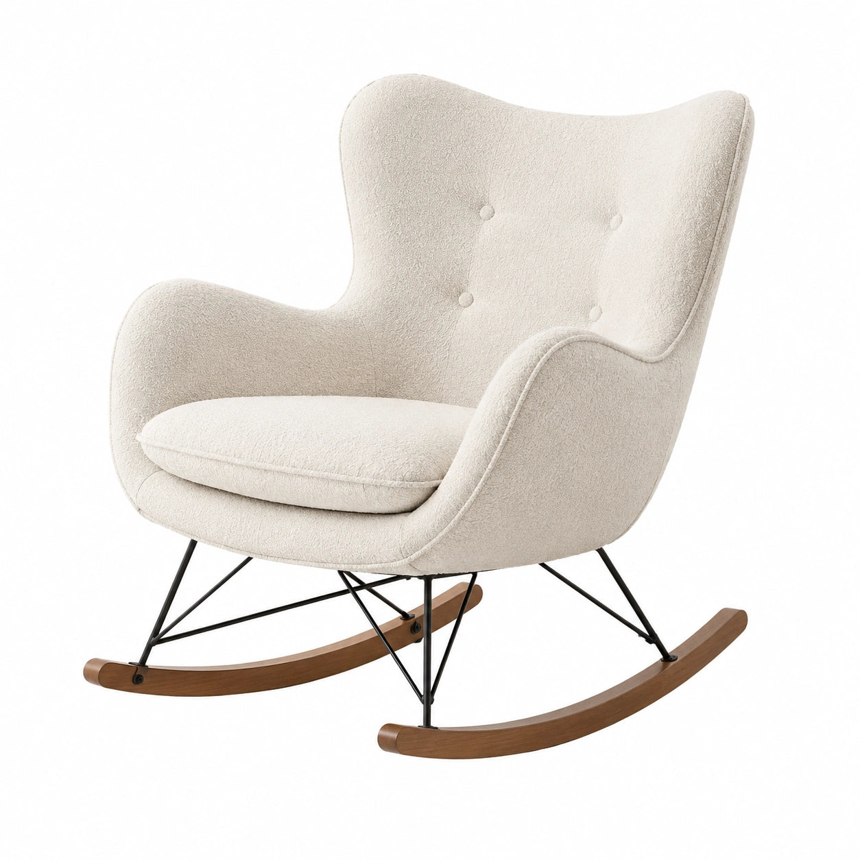 Fauteuil à bascule en tissu bouclé beige avec base en bois et métal