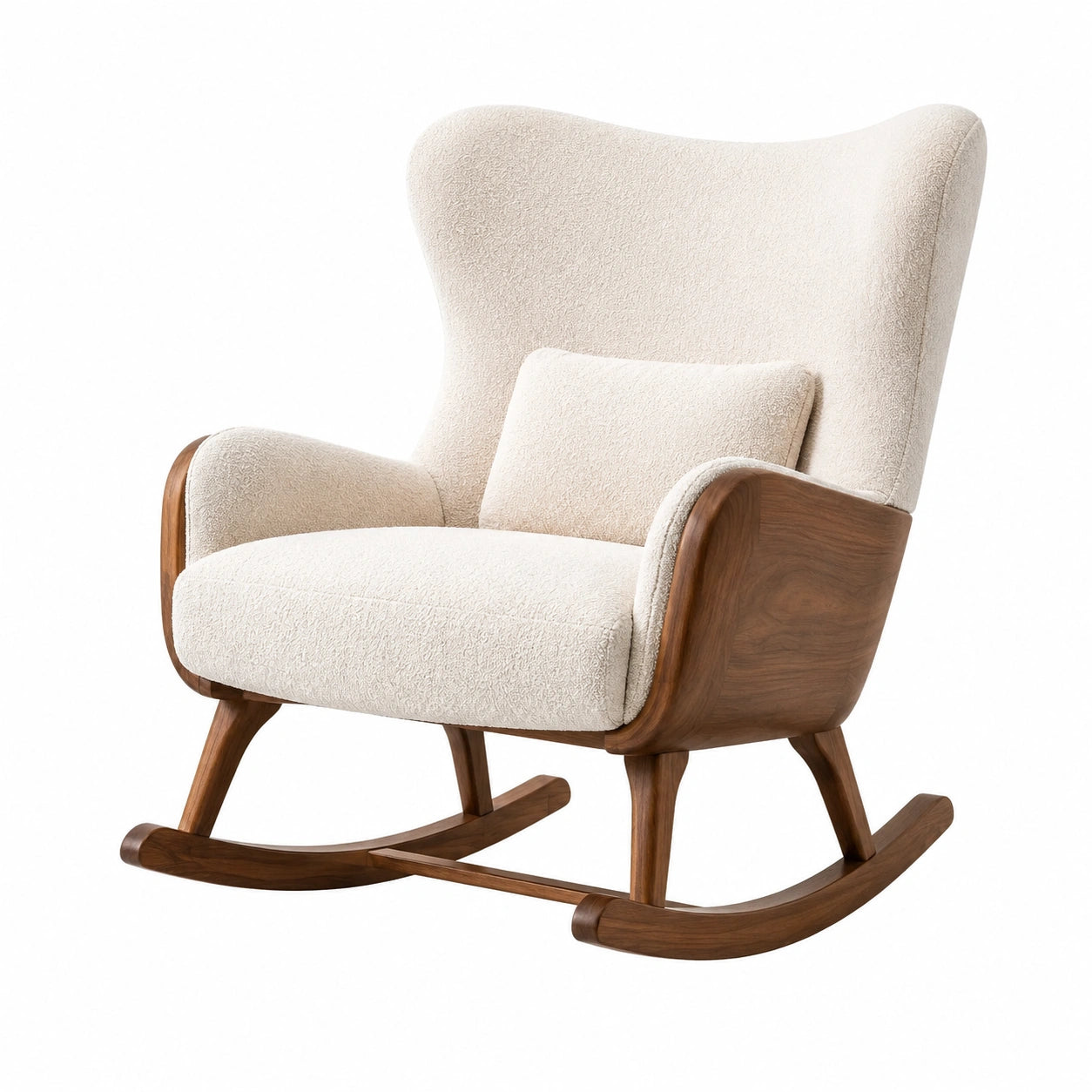 Fauteuil à bascule en bois et tissu bouclé beige