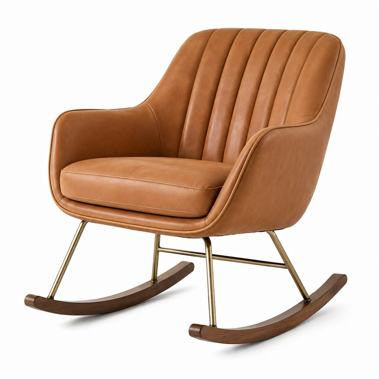 Fauteuil à bascule en cuir synthétique marron avec structure en métal et bois