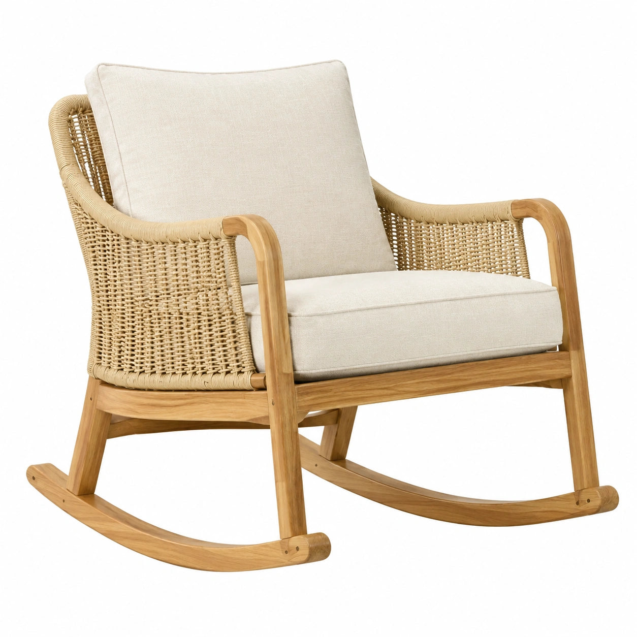 Fauteuil à bascule en bois et rotin avec coussins crème